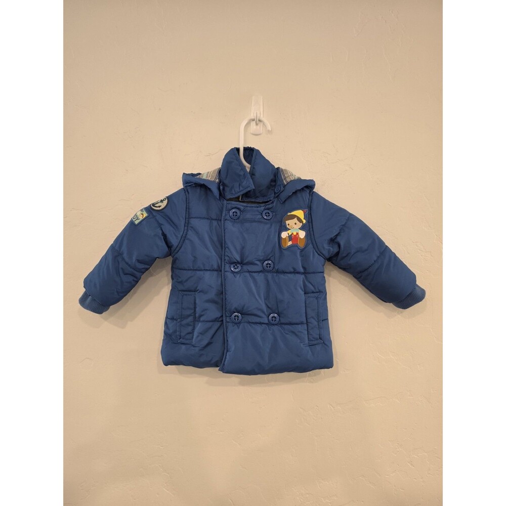 Disney Baby Boy Pinocchio Blue Puffer Winyer Jacket, Embroidered Patches 6-12Mon